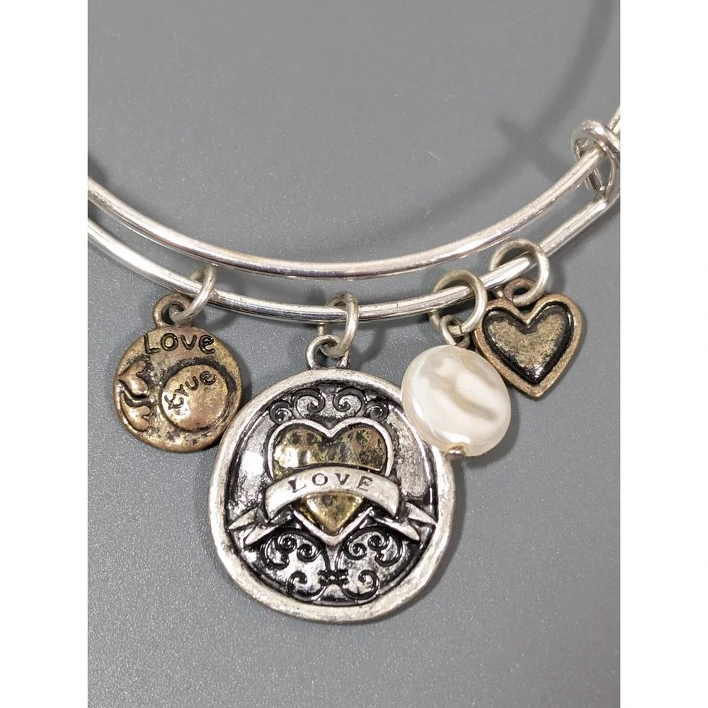 Two Tone‎ Heart Charm Bangle Bracelet White Pearl Love Stackable 7